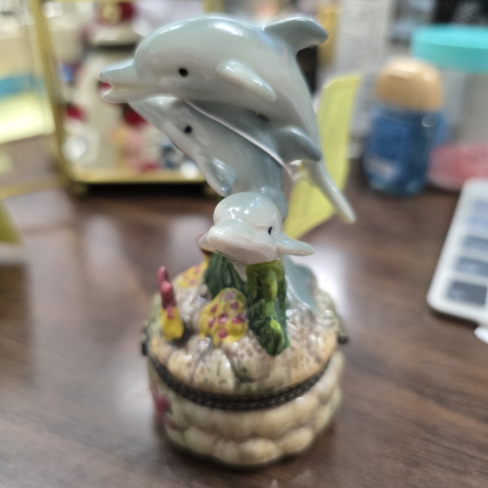 Porcelain Dolphin Trinket Box - Pale Blue Coral Design